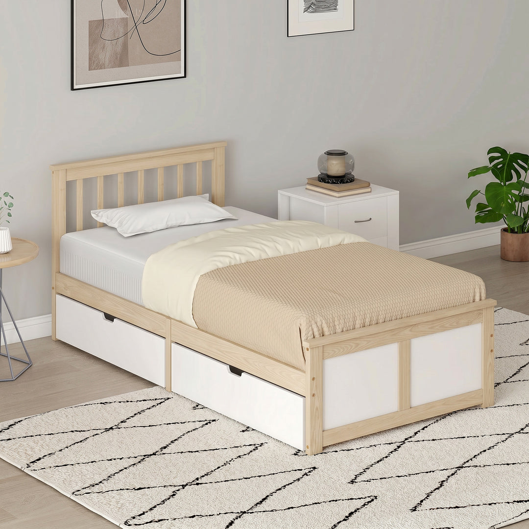 Pine Storage Bed, 3ft Single Solid Wooden Bed Frame with Drawers, Head