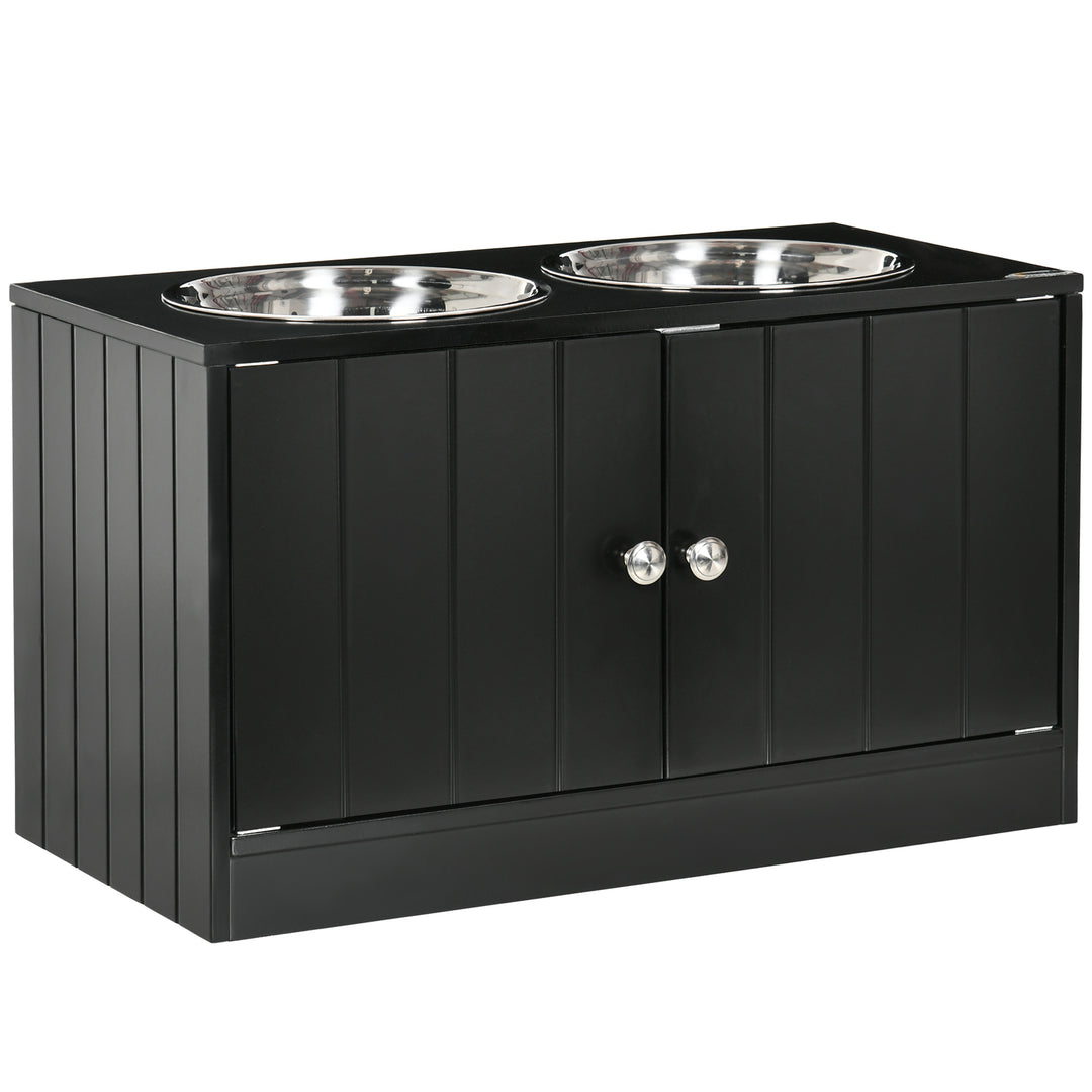 Raised Pet Feeder, with Two Bowls, Storage - Black