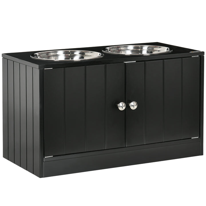 Raised Pet Feeder, with Two Bowls, Storage - Black