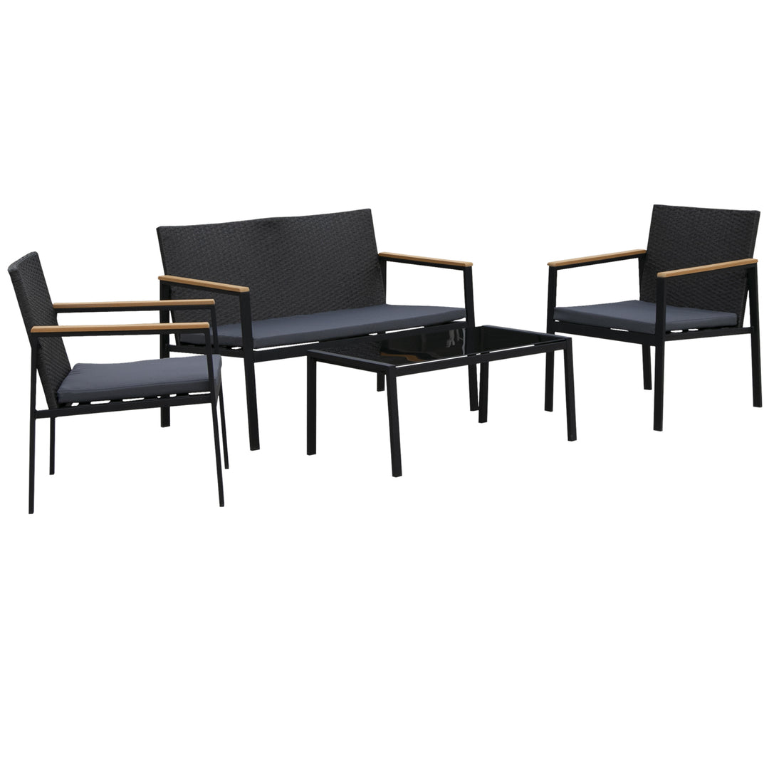 4 Pieces Rattan Garden Furniture Set, 4 Seater Garden Sofa Set with Loveseat, 2 Armchairs and Glass Top Coffee Table, Wicker Outdoor Conservatory Furniture with Cushions for Patio, Black
