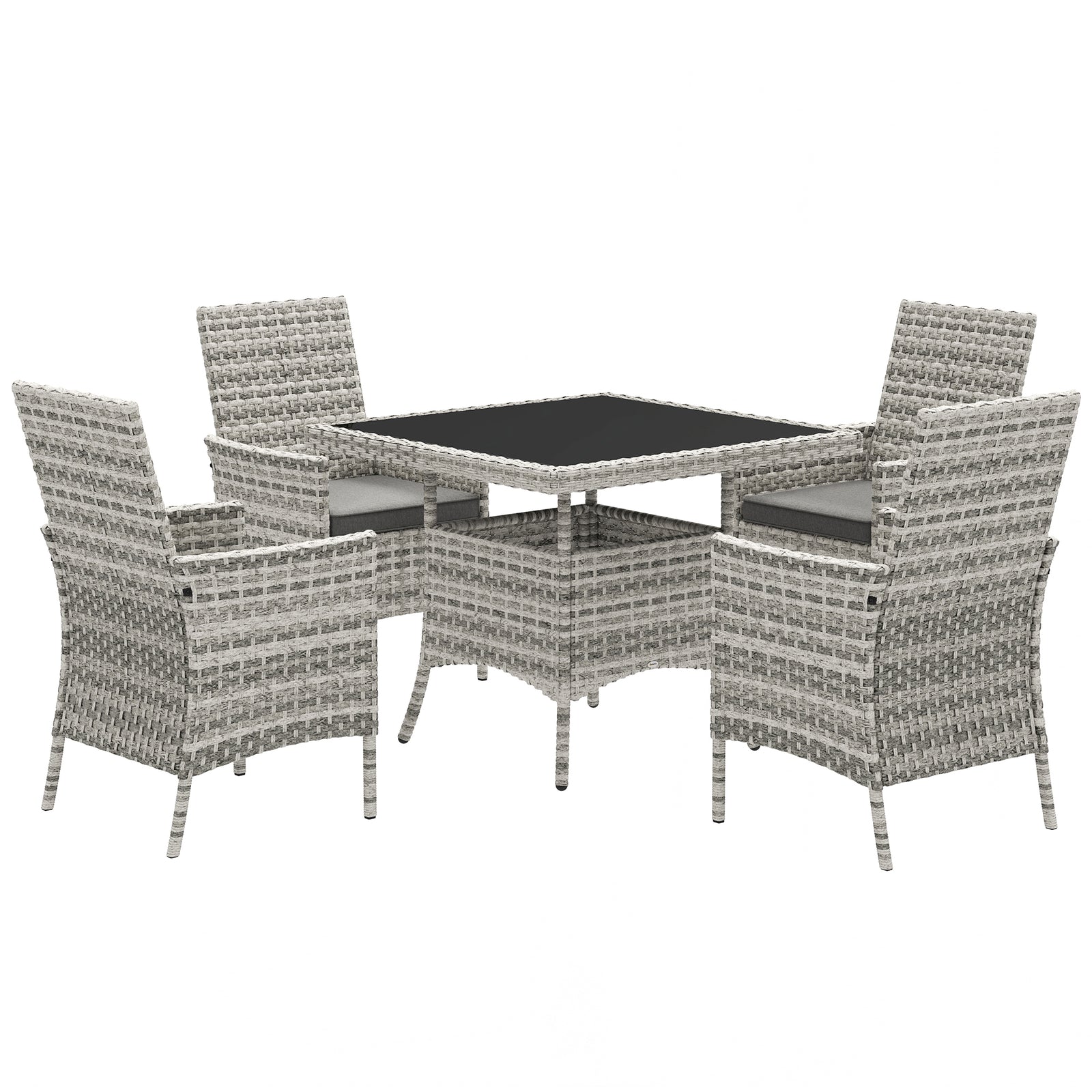 Rattan Garden Furniture Set, Outdoor Dining Table and Chairs 4 Seater with Cushions, Square Tempered Glass Top, 4 Armchairs, for Balcony, Terrace, Conservatory, Mixed-Grey