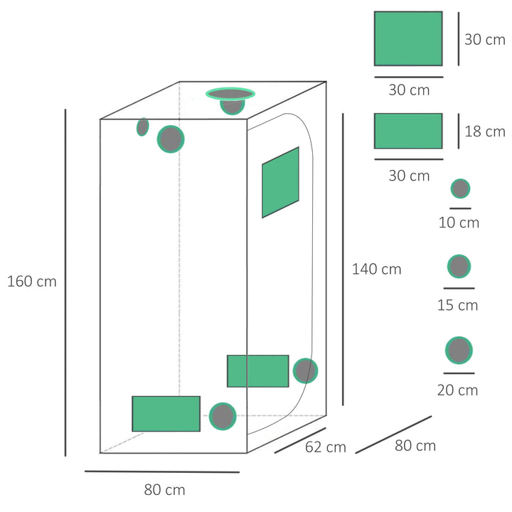 Outsunny Hydroponic Plant Grow Tent, 80L x 80W x 160Hcm-Black/Green | Aosom UK