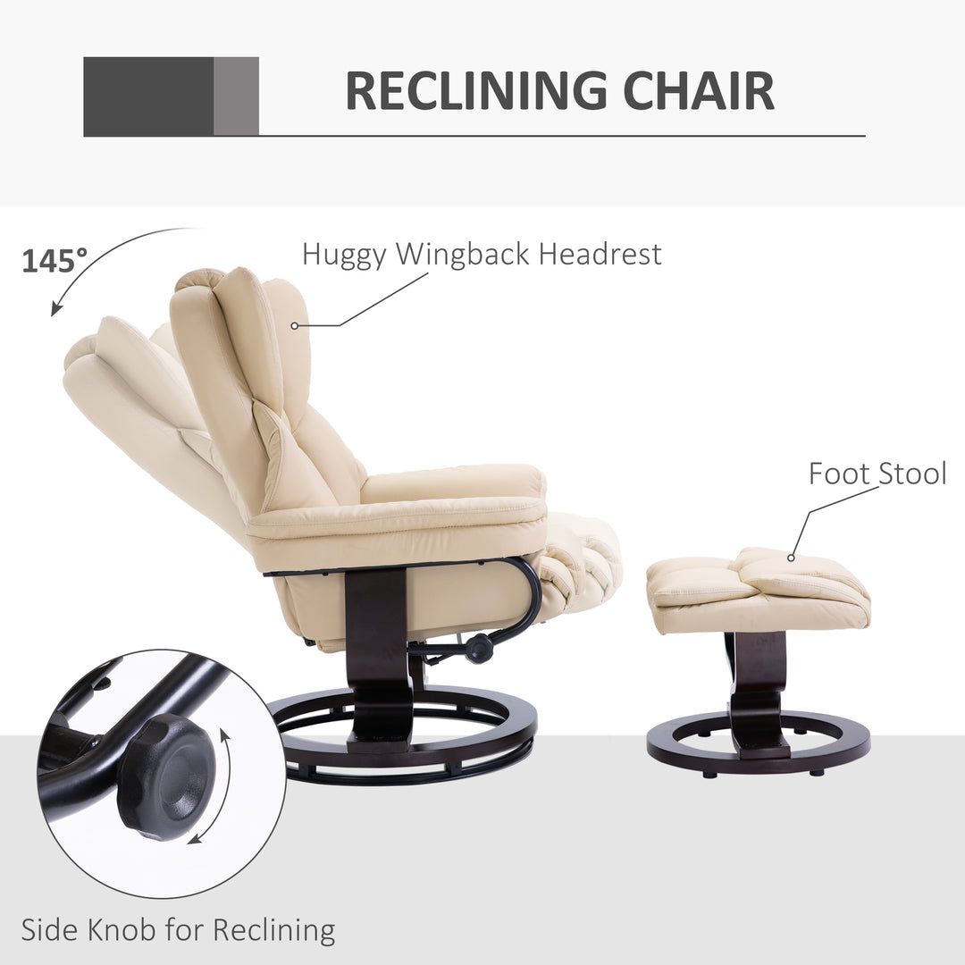 360° Swivel Recliner Chair with Footstool, PU Leather Manual Recliner Armchair with Solid Wood Base, Upholstered Reclining Chair for Living Room, Bedroom, Office, Cream