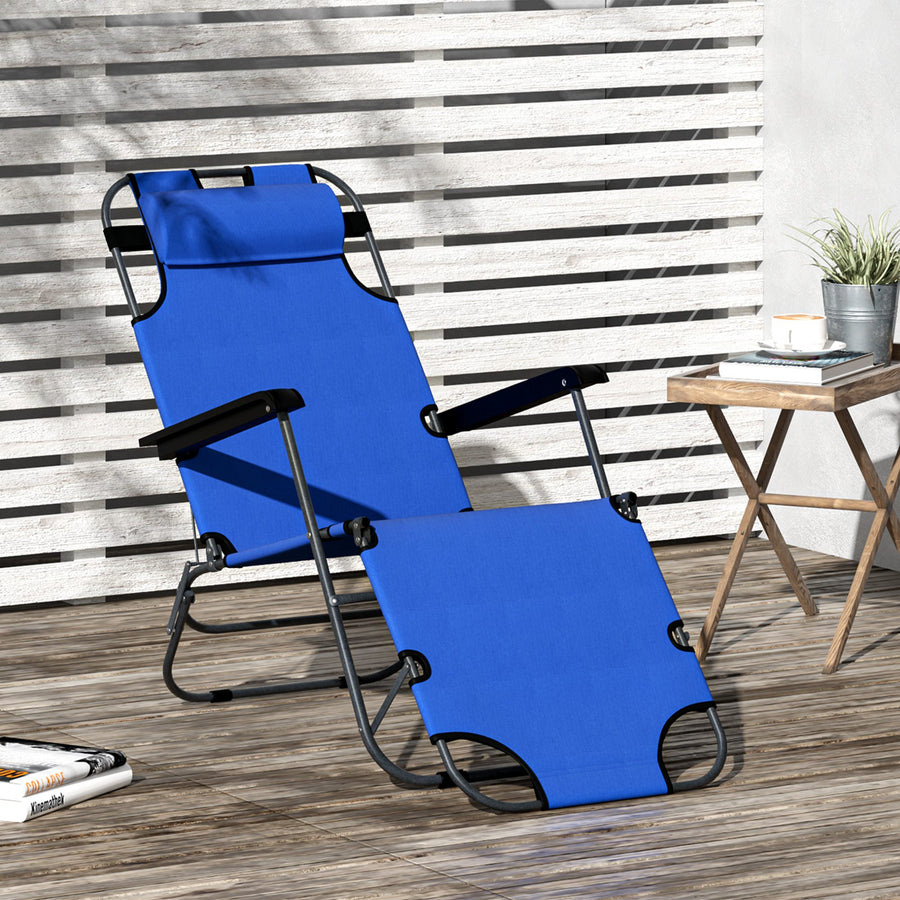 2 in 1 Folding Sun Lounger Reclining Garden Chair with 2-Level Adjustable Backrest, Outdoor Zero Gravity Recliner Garden Chair with Head Pillow and Armrests, Blue