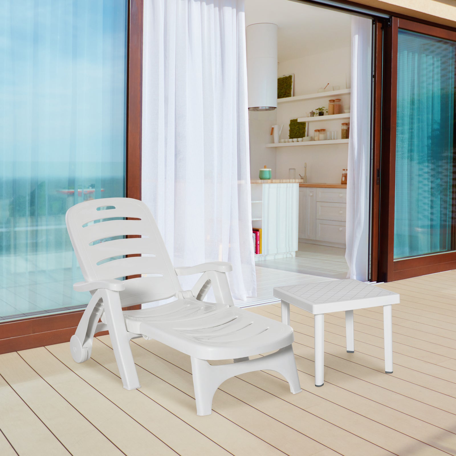 2pcs Garden Furniture Set Outdoor Furniture Set Dining Table, 1 Lounge Chair and 1 Garden Side Table White