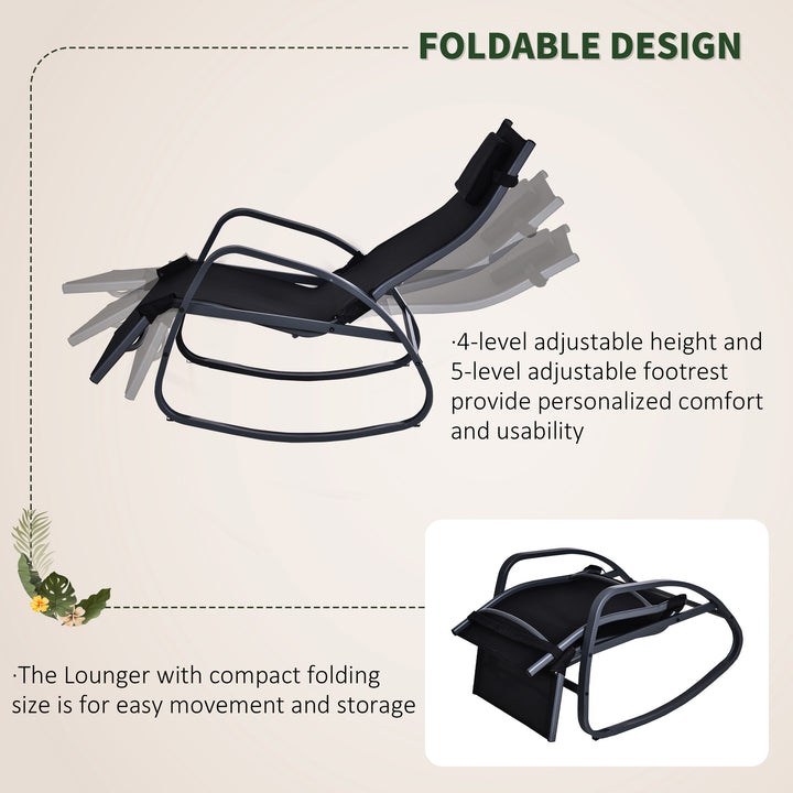 Garden Rocking Chair with 5-Level Adjustable Backrest, Rocking Sun Lounger with Removeable Headrest Pillow, Footrest, Armrest and Safety Stopper, Black