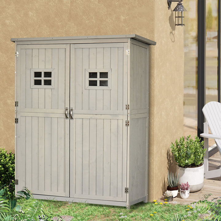 Outsunny Wooden Garden Shed Tool Storage Outsunny Wooden Garden Shed w/ Two Windows, Tool Storage Cabinet, 127.5L x 50W x 164H cm, Grey | Aosom UK