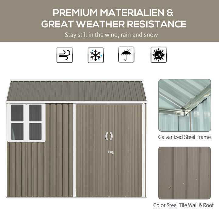 Outsunny 8 x 6 ft Metal Garden Storage Shed Patio Corrugated Roof Tool Storage Box w/ Double Door Window Sloped Roof, Grey