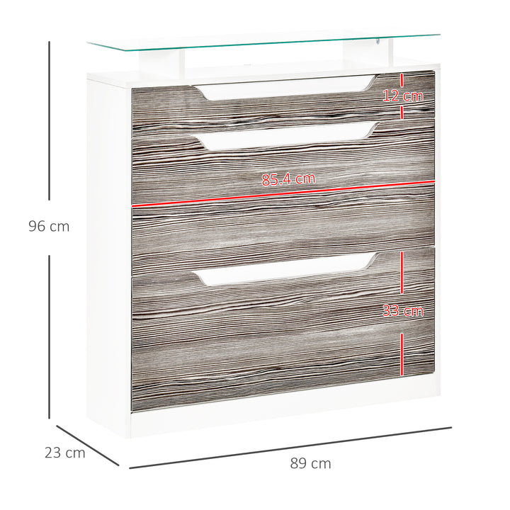 Shoe Storage Cabinet with Slide Out Drawer, 2 Flip Doors, Tempered Glass Top - Grey