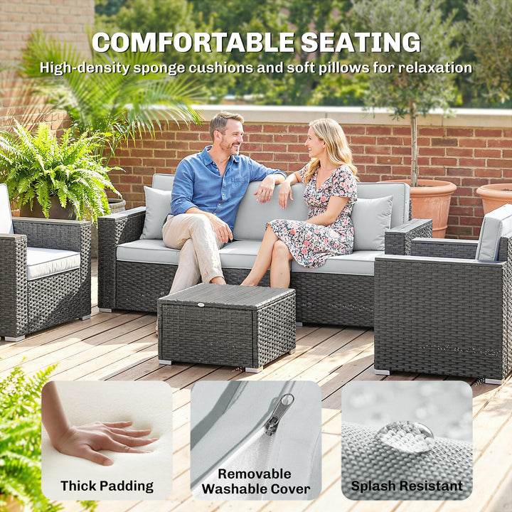 5 Seater Rattan Garden Furniture Set with Wide Armrests, Cushions, Pil