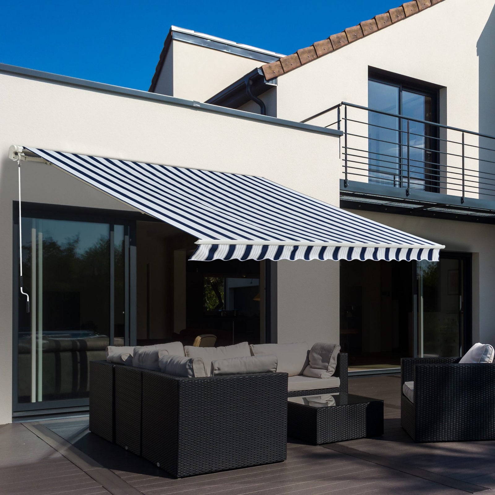 Manual Retractable Awning, 3x2.5 m-Blue/White Stripes