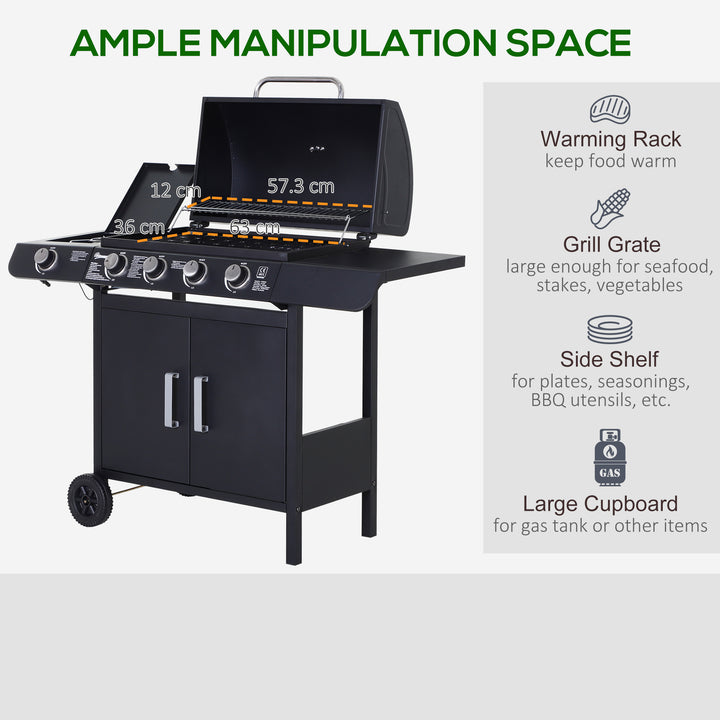 4+1 Burner Gas BBQ Grill, Outdoor Barbecue Trolley with Wheels, Warming Rack, Side Shelves, Cabinet, Thermometer for Garden, Party, Camping, 125 L x 51 W x 100 H cm, Black