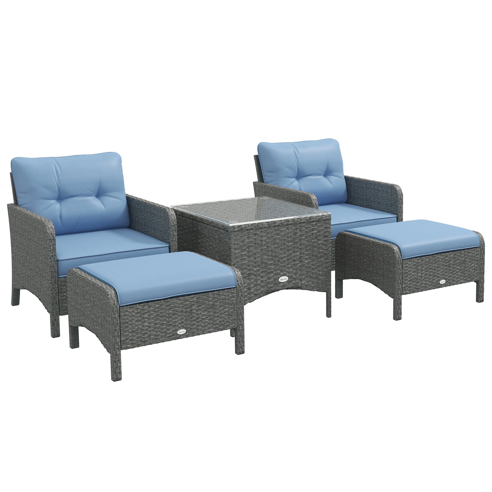 5 Pieces PE Rattan Garden Furniture Set, Wicker Outdoor Sofa Set w/ 2 Armchairs 2 Stools Glass Top Table Cushions, Blue