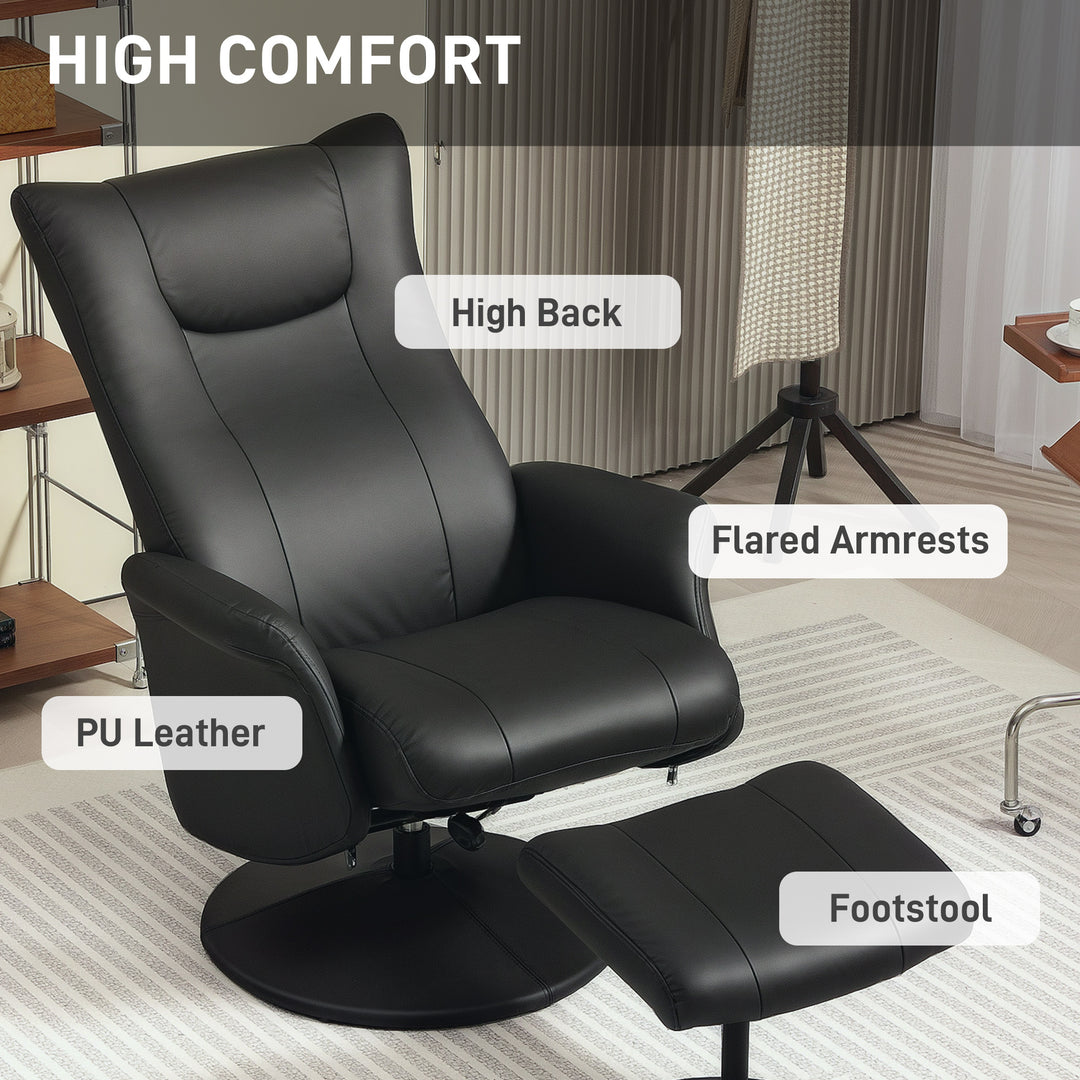 Swivel Recliner Chair with Footstool, PU Leather Recliner Armchair with Adjustable Back and Steel Frame, Reclining Chair Lounge with Flared Armrests for Living Room, Black