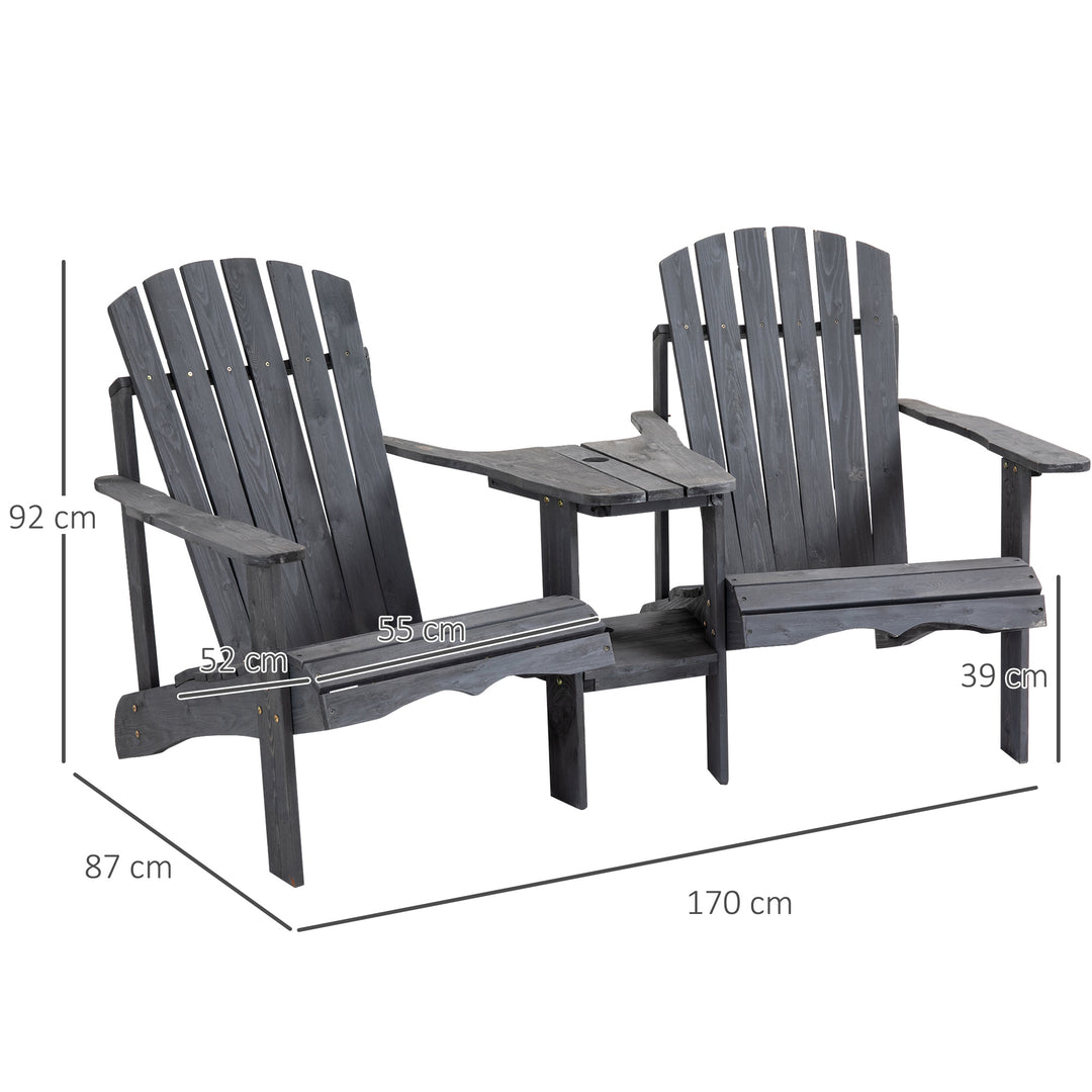 Wooden Outdoor Double Adirondack Chairs Loveseat w/ Centre Table and Umbrella Hole, Garden Patio Furniture for Lounging and Relaxing, Dark Grey