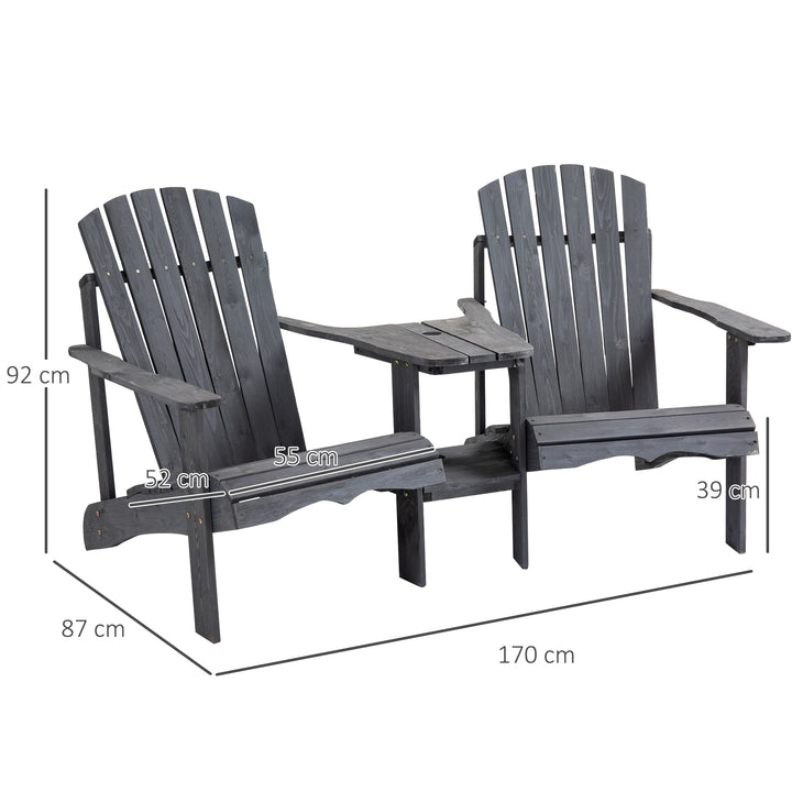 Wooden Outdoor Double Adirondack Chairs Loveseat w/ Centre Table and Umbrella Hole, Garden Patio Furniture for Lounging and Relaxing, Dark Grey