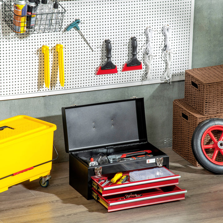 2 Drawer Tool Chest, Lockable Metal Tool Box with Ball Bearing Runners, Portable Toolbox, 460mm x 240mm x 220mm, Black