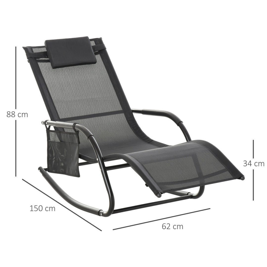 Outdoor Garden Rocking Chair, Patio Sun Lounger Rocker Chair with Breathable Mesh Fabric, Removable Headrest Pillow, Armrest, Side Storage Bag, Black