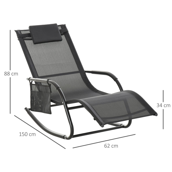 Outdoor Garden Rocking Chair, Patio Sun Lounger Rocker Chair with Breathable Mesh Fabric, Removable Headrest Pillow, Armrest, Side Storage Bag, Black