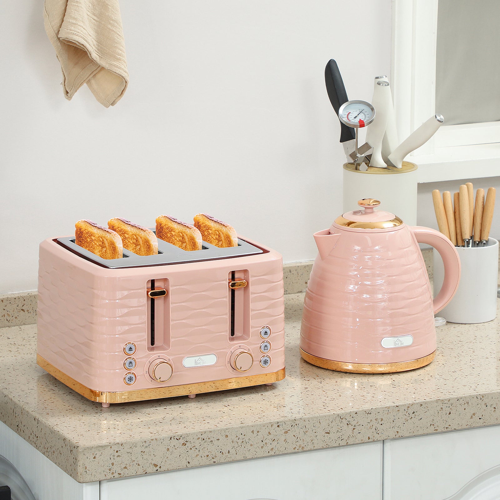 3000W 1.7L Kettle & 4 Slice Toaster, Kettle and Toaster Set with 7 Browning Controls and Crumb Tray, Light Pink