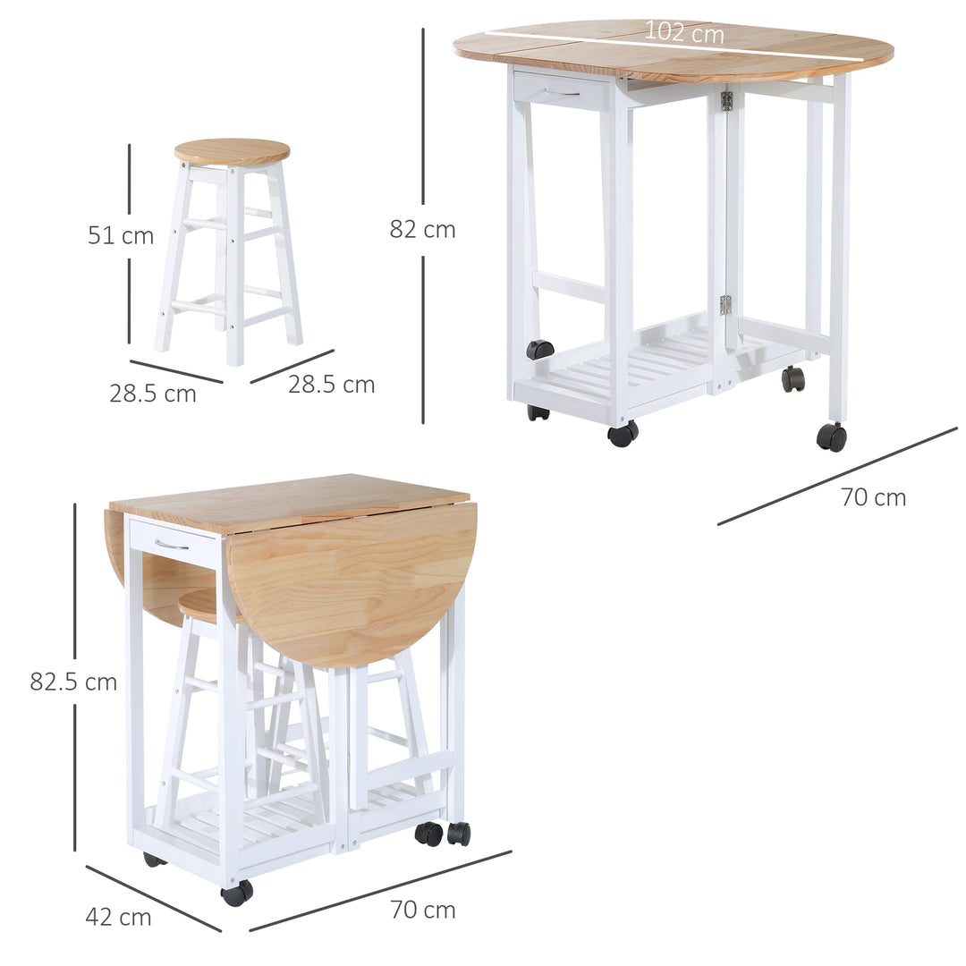 3 Pieces Dining Room Set, Mobile Foldable Dining Table and 2 Stools with Storage Shelf, 2 Drawers and 6 Wheels, Drop Leaf Bar Table and Stools for Home Kitchen Pub, White