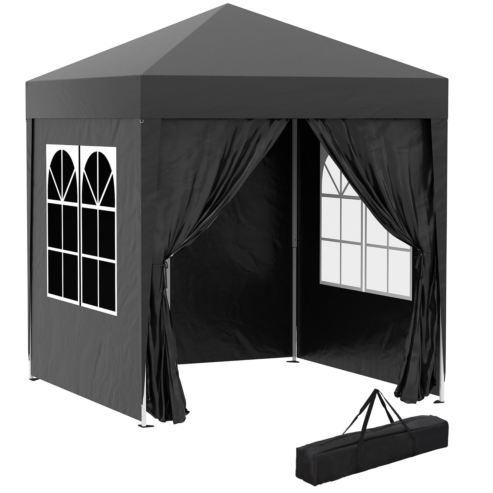 2 x 2 m Garden Pop Up Gazebo, Wedding Party Tent Marquee, Water Resistant Awning Canopy with Sidewalls, Windows, Carry Bag, Black