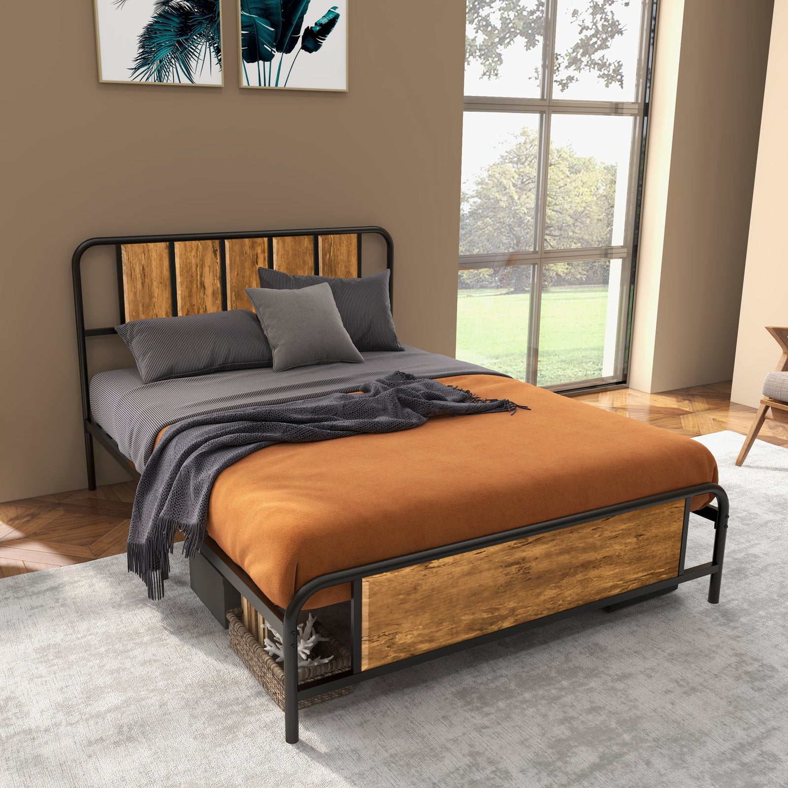 4.8ft Double Bed Frame with Industrial Wood Headboard, Steel Slat Support and 25.5cm Underbed Storage Space, 145 x 199cm, Rustic Brown