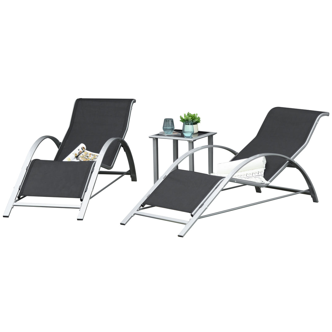 3 Pieces Sun Lounger Chair Set, Metal Frame Garden Outdoor Sunbathing Chair with Side Table and Armrest, Black