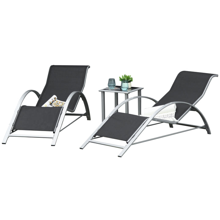 3 Pieces Sun Lounger Chair Set, Metal Frame Garden Outdoor Sunbathing Chair with Side Table and Armrest, Black