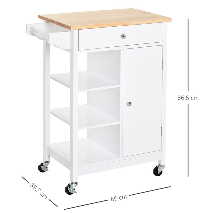 Kitchen Trolley, Kitchen Island on Wheels, w/ Wood Top, 3 Shelves and Storage Cupboard, White
