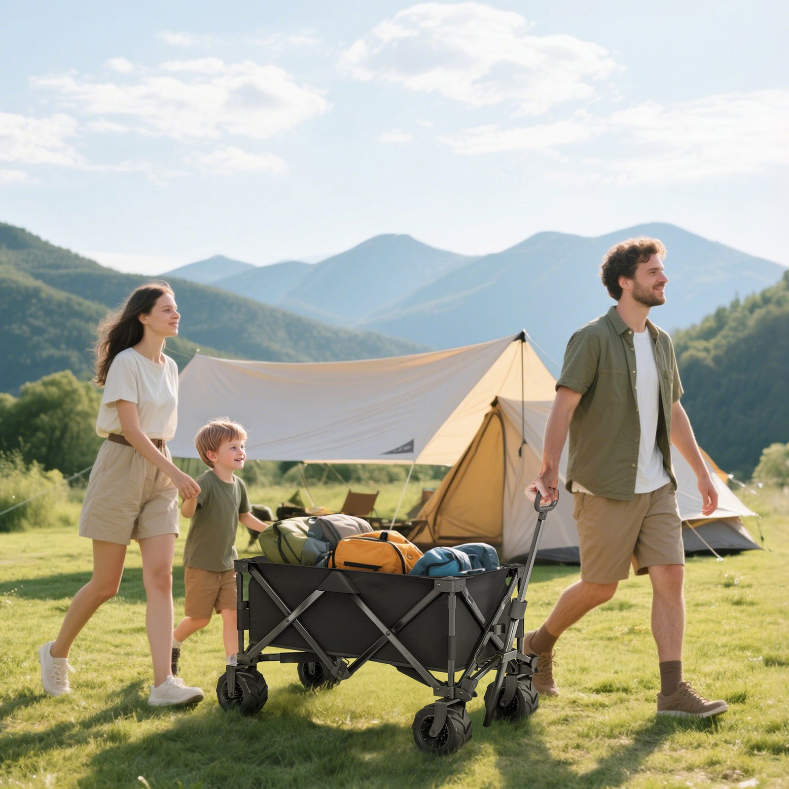 Outdoor Folding Garden Trolley on Wheels, Capming Cargo Wagon Cart Trailer w/ Handle, Wheels for Beach Garden, Black