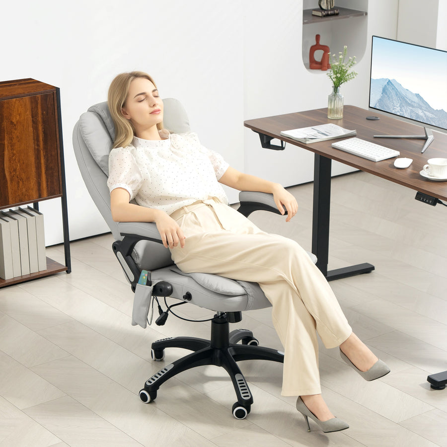 6-Point Massage Office Chair with Seat Heated for Home Office, PU Leather High Back Executive Desk Chair with Adjustable Height and 360° Swivel for Work Study, Light Grey