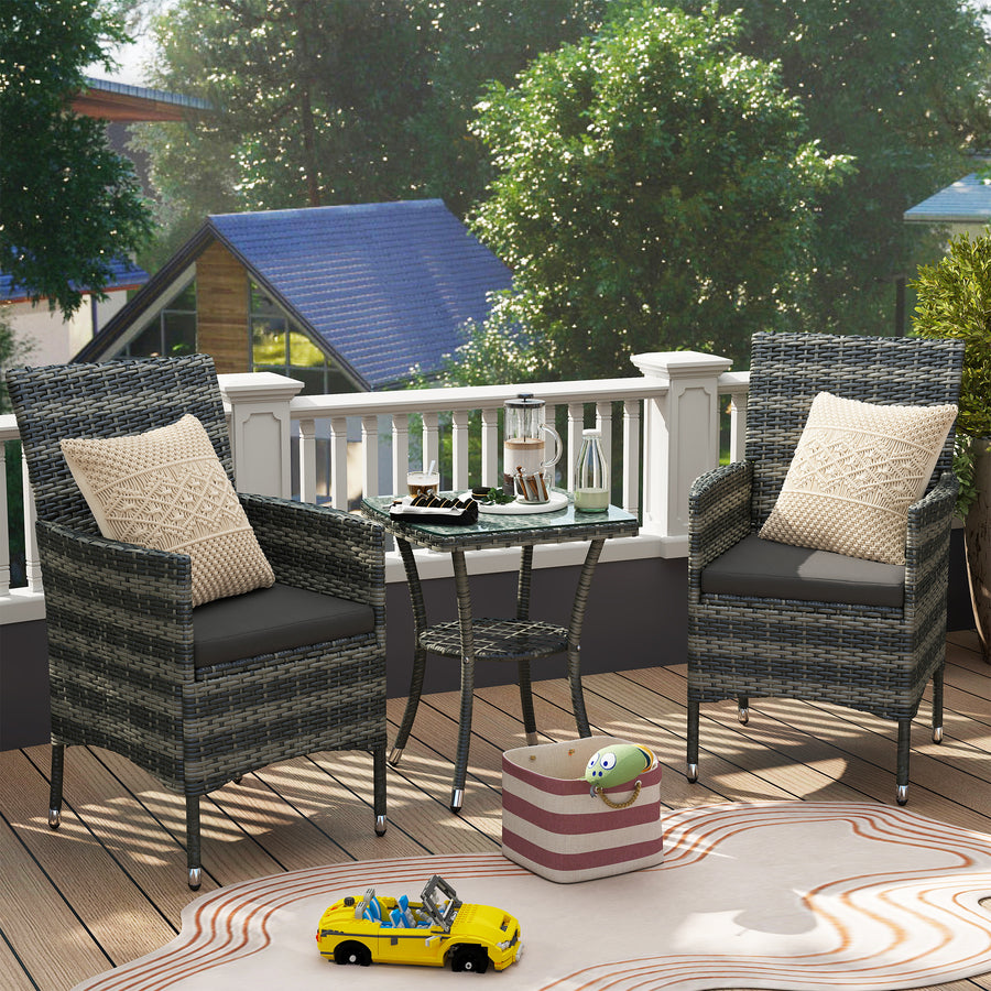 3 Pieces Rattan Bistro Set, Wicker Garden Furniture Set with 2-Tier Coffee Table and Chairs, Washable Cushions, for Outdoor Patio Balcony, Mixed Grey