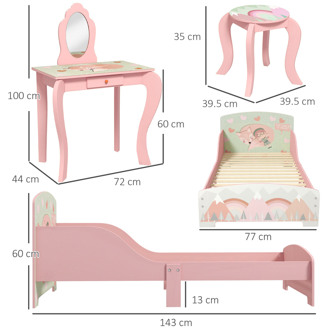 ZONEKIZ Toddler Bed Frame, Kids Dressing Table with Mirror and Stool, Cute Animal Design Kids Furniture Set for Ages 3-6, Pink | Aosom UK