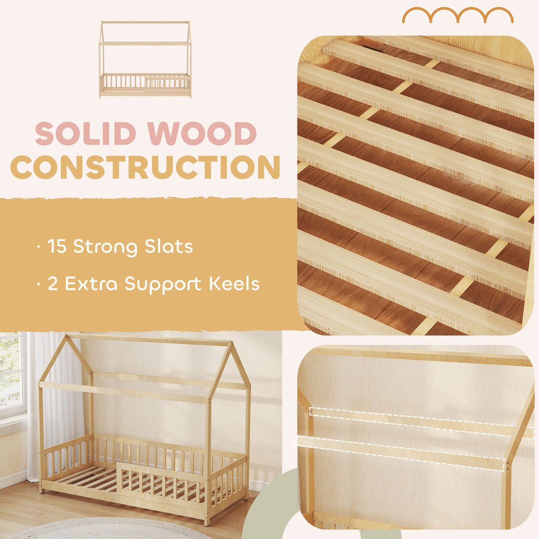 House-Shaped Kids Bed Frame with Guard Rails, Solid Pine Wood Single Bed Frame for Kids Boys and Girls