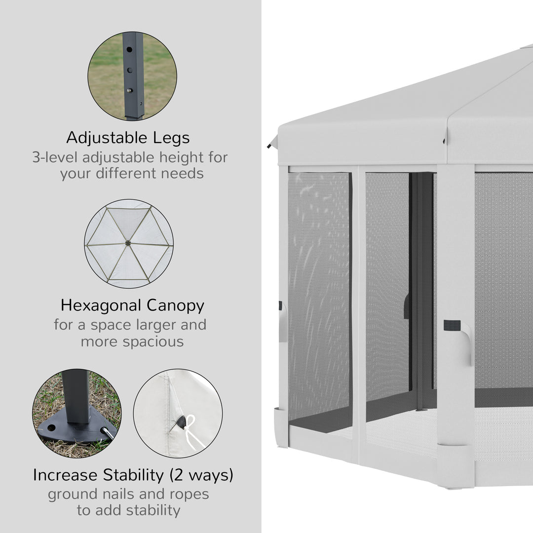3.2m Pop Up Gazebo Hexagonal Canopy Tent Outdoor Sun Protection with Mesh Sidewalls, Handy Bag, Light Grey