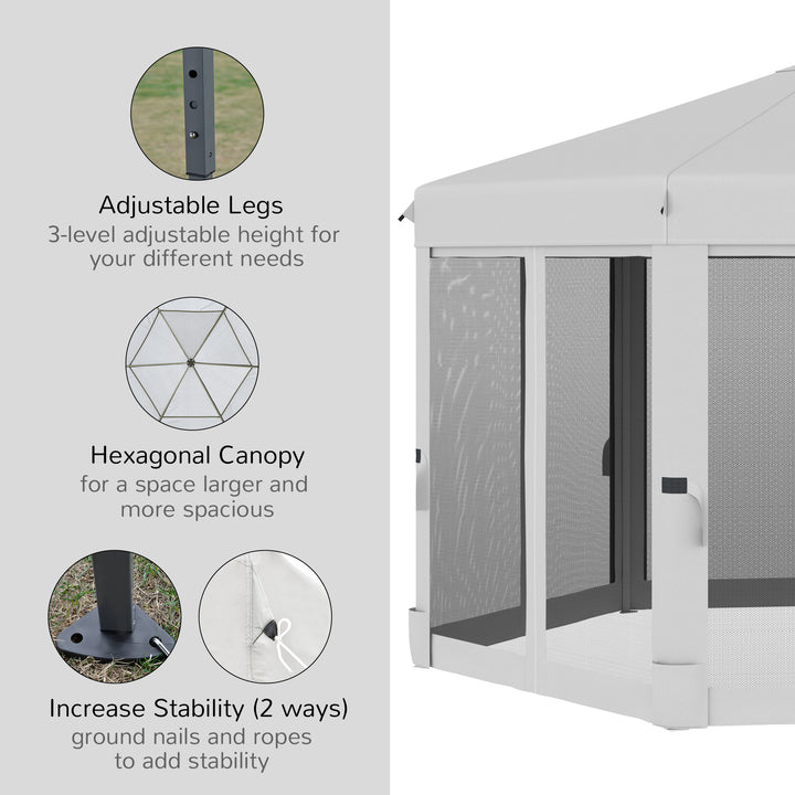 3.2m Pop Up Gazebo Hexagonal Canopy Tent Outdoor Sun Protection with Mesh Sidewalls, Handy Bag, Light Grey
