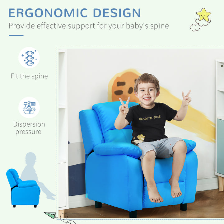 HOMCOM Children's Recliner Armchair, Kids Lounger Sofa Chair with Storage Arms, PU Leather Look, Games Seat, Blue | Aosom UK