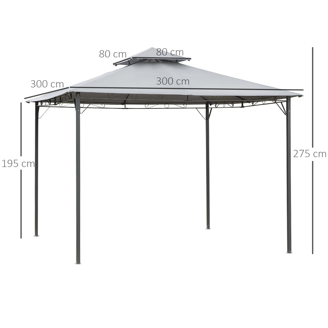 Outsunny Garden Gazebo with 2-Tier Roof, Sturdy Steel Frame, 300Lx300Wx264H cm, Black/Grey