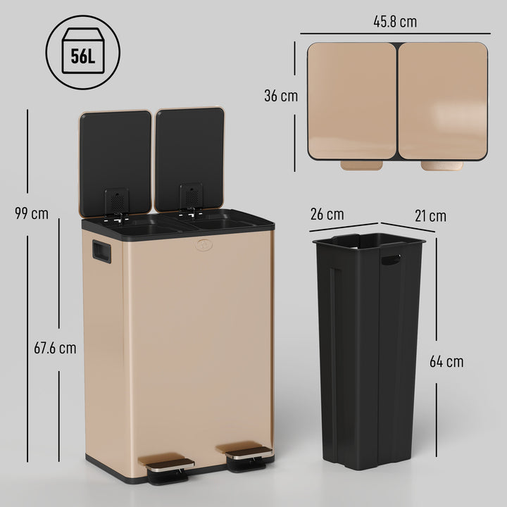 56L Dual Compartment Stainless Steel Bin, with Deodoriser Holders - Go