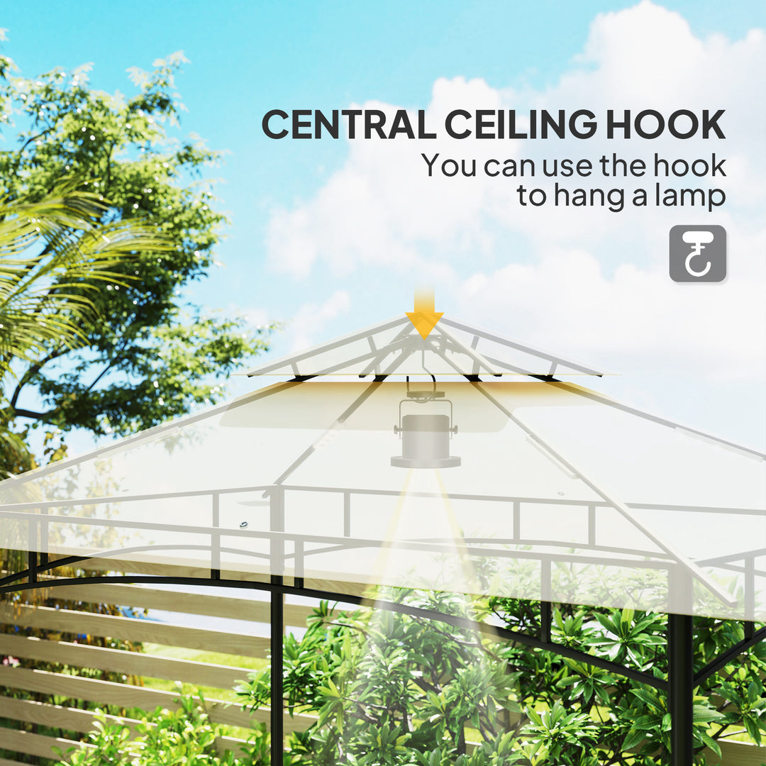 8' x 5' Grill Gazebo, Double Tiered BBQ Gazebo Shelter Canopy with LED Lights, 2 Side Shelves, Hooks, Beige