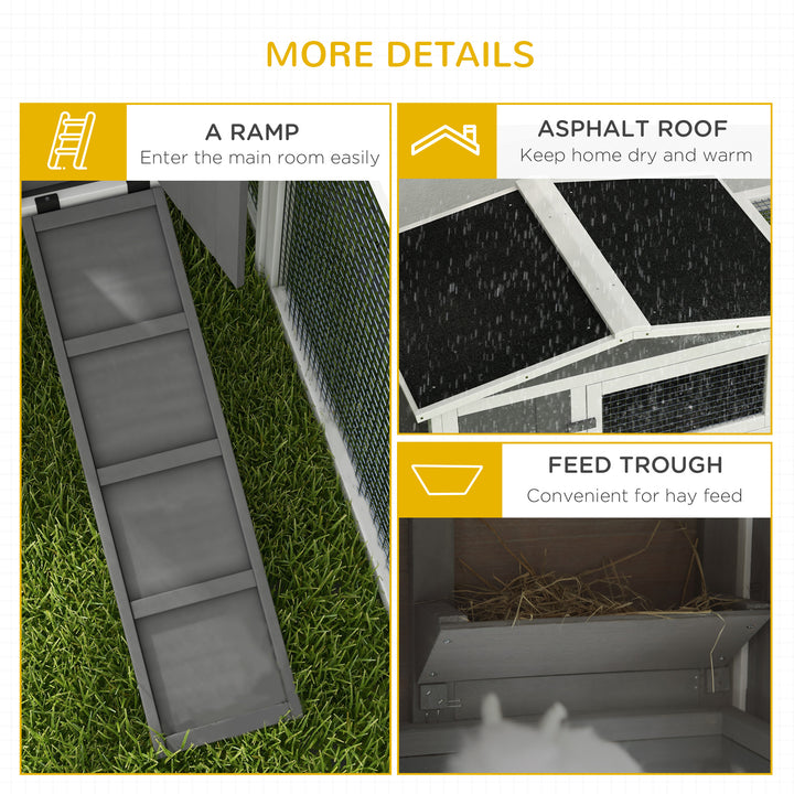 Rabbit Hutch with Run Wooden Guinea Pig Hutch Outdoor Bunny Cage Hide House with Sliding Tray, Hay Rack, Ramp, 156 x 58 x 68cm, Grey
