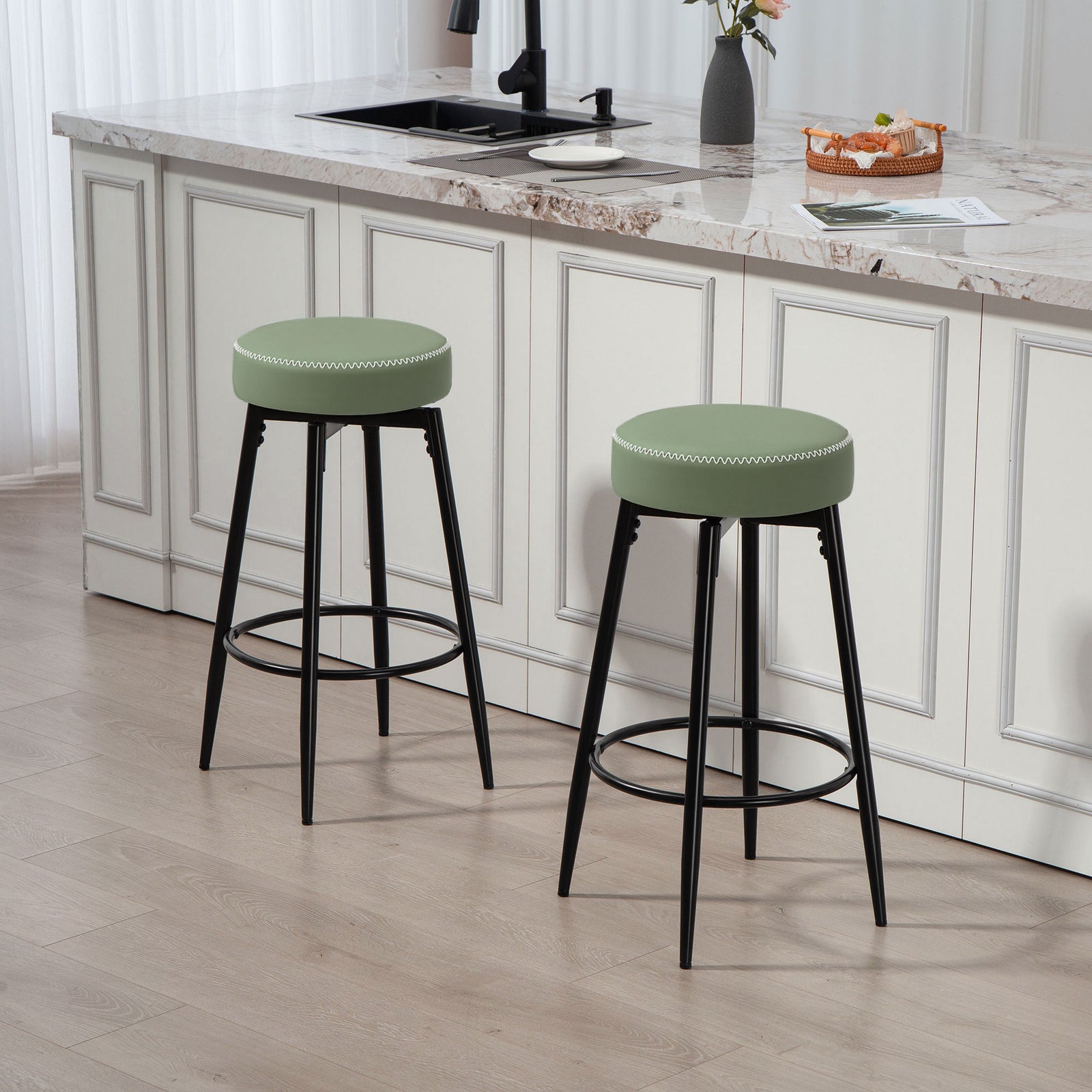 Set of Two Faux Leather Bar Stools - Green/Black