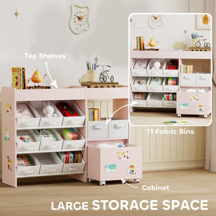 MCL Kids Toy Storage Unit with 11 Bins, Cabinet, Top Shelves, 3 Stickers, for Nursery, Playroom, Pink
