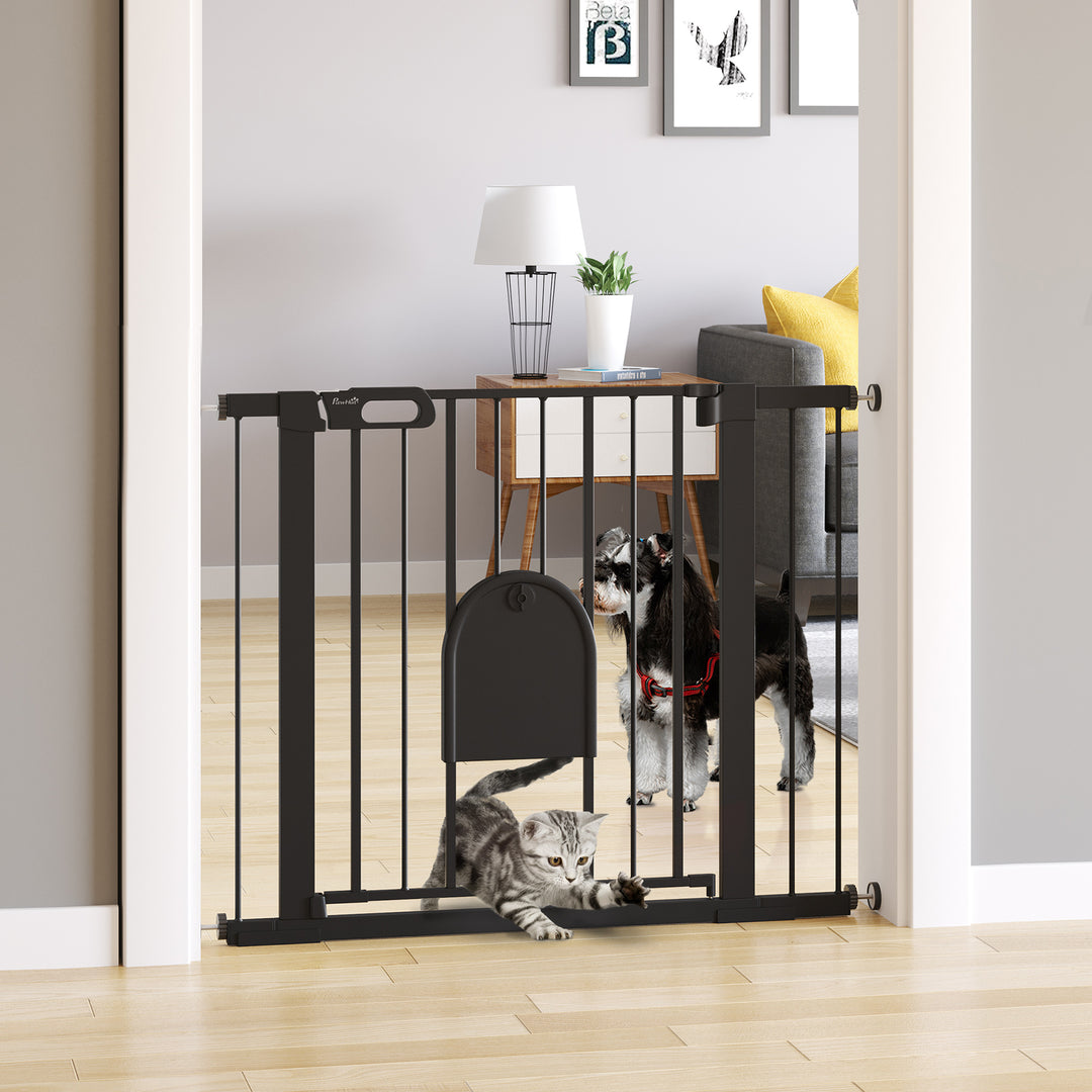 MCL Dog Gate with Cat Flap Pet Safety Gate Barrier, Stair Pressure Fit, Auto Close, Double Locking, for Doorways, Hallways, 75-103 cm Black