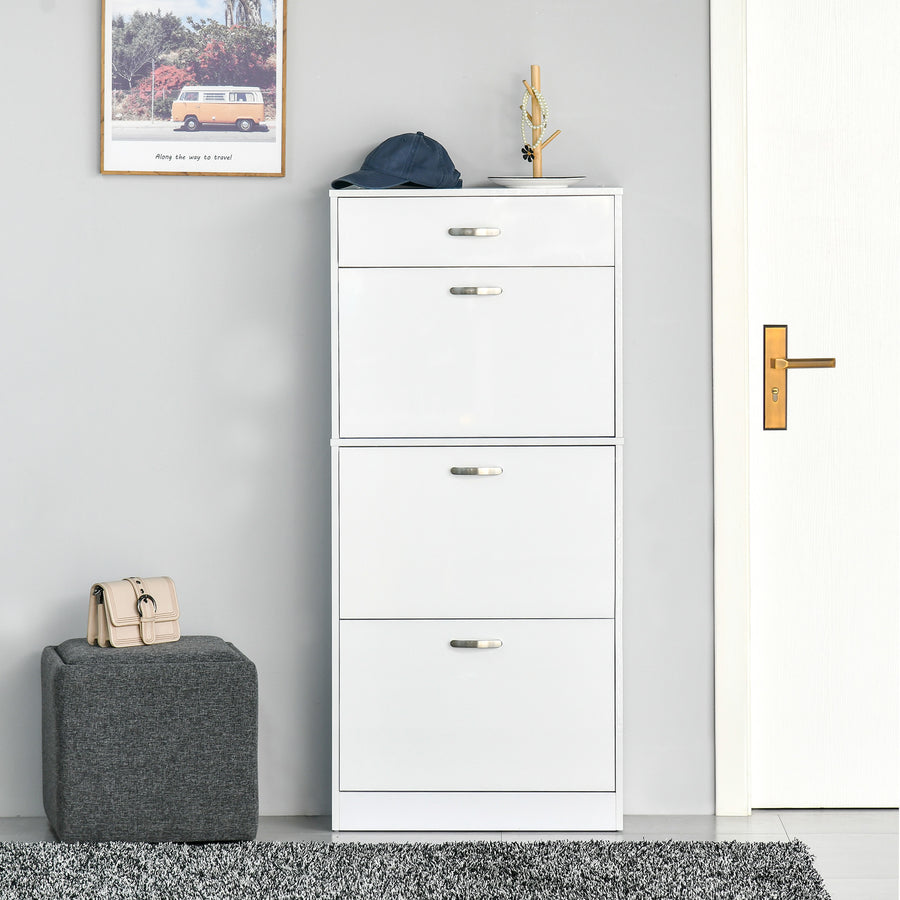 Shoe Cabinet with 3 Flip Drawers, High Gloss Shoe Storage Cabinet with Top Drawer and Adjustable Shelves, Shoe Cupboard for 18 Pairs, White