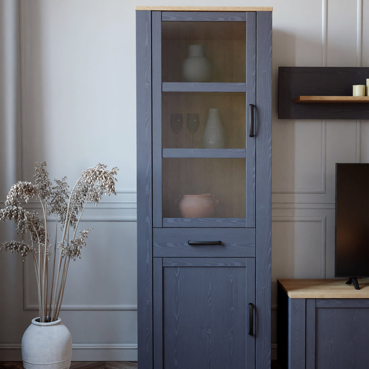 Bohol Narrow Display Cabinet in Riviera Oak/Navy