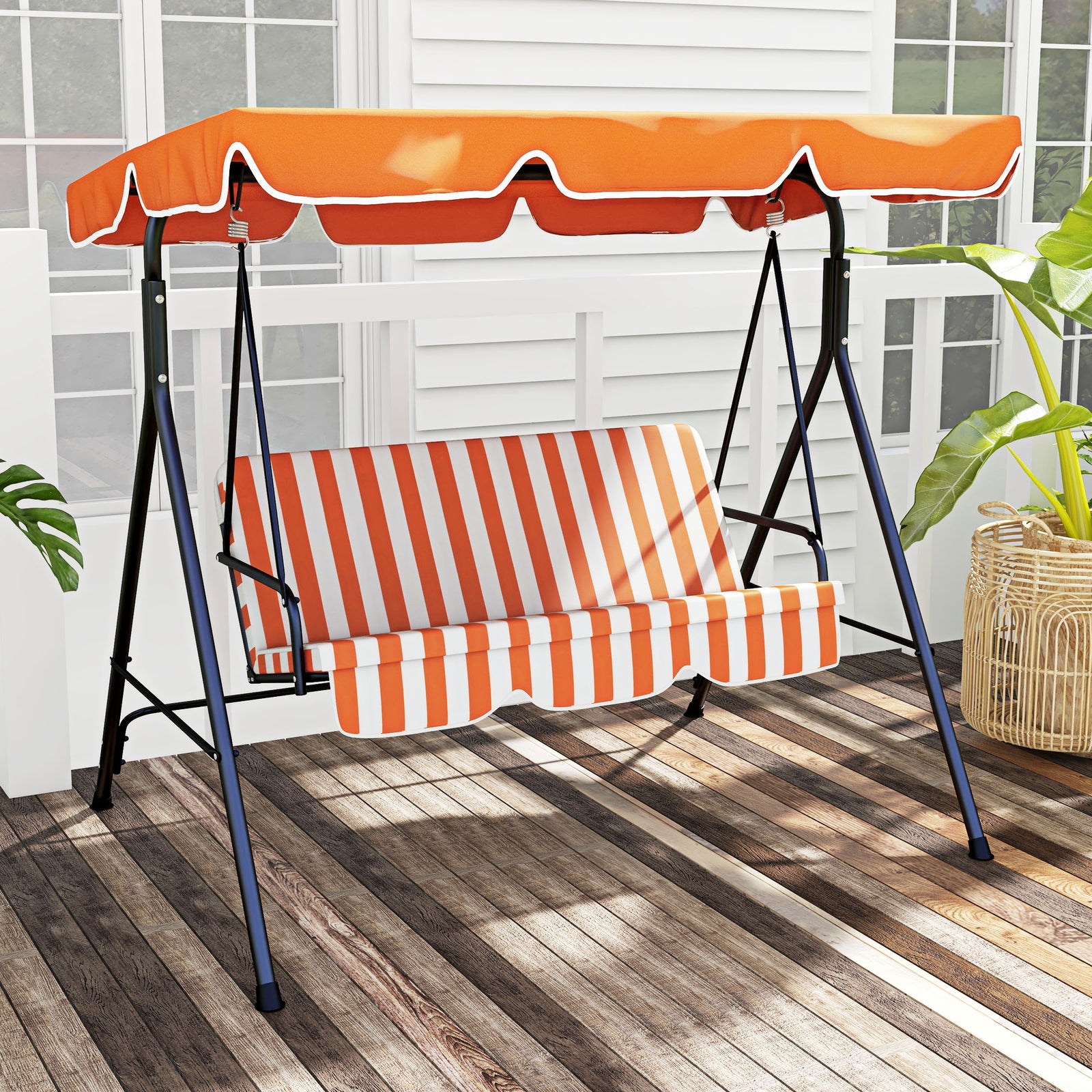 3 Seater Garden Swing Chair, Outdoor Swing Chair with Adjustable Canopy, Mental Frame & Cushions, Orange