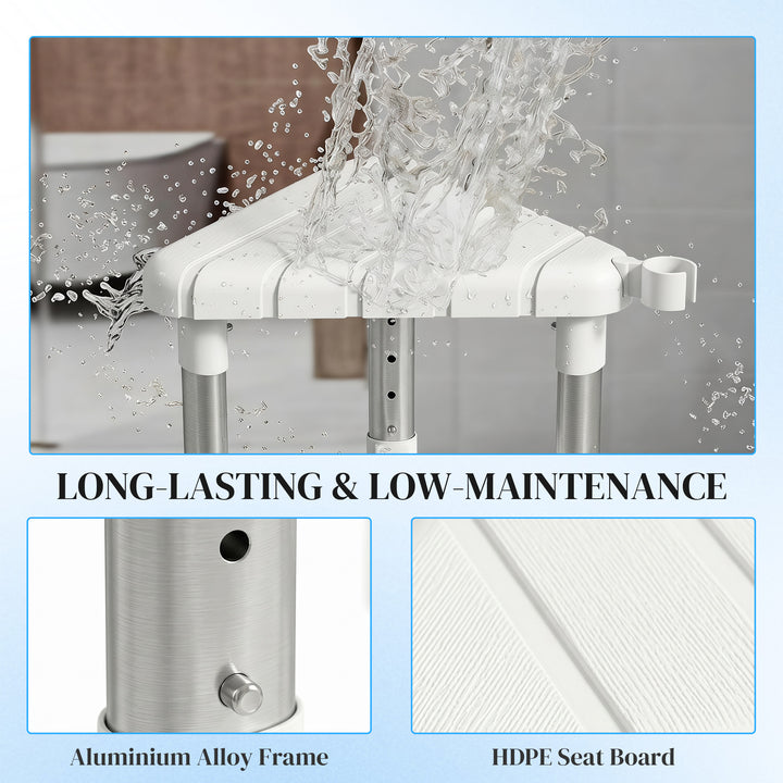 Shower Stool, Aluminium Alloy Corner Shower Chair with Storage Shelf a