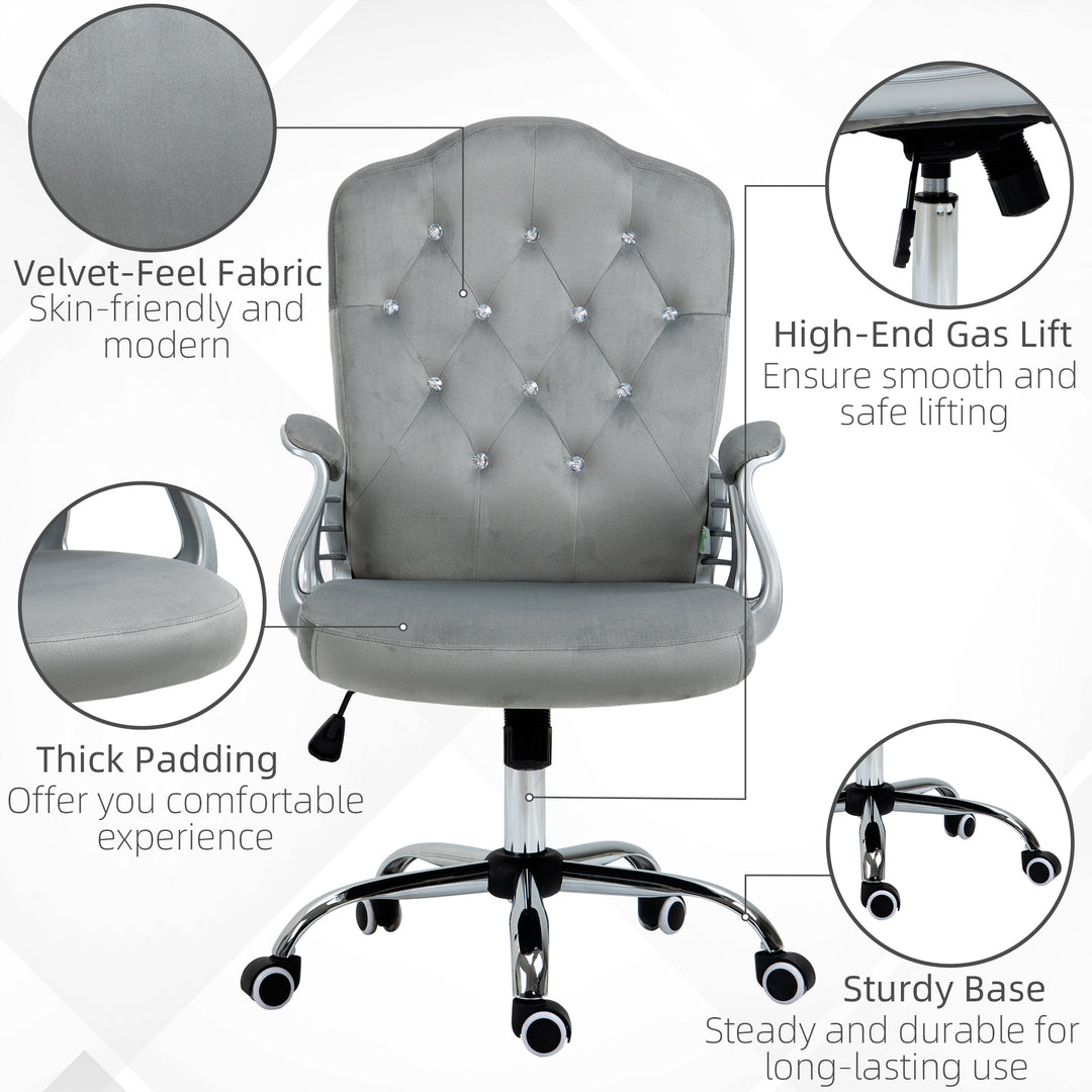 Velvet-Feel Work Chair, with Diamante Back - Grey